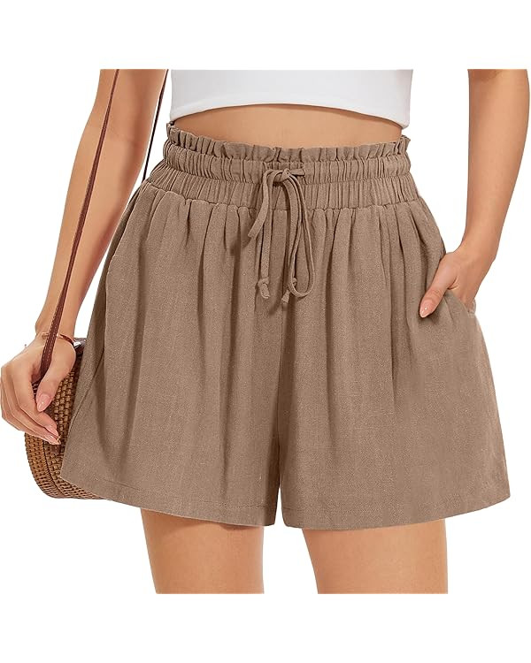 UEU Womens Linen Pants Summer Wide Leg Casual Loose High Waist Drawstring Palazzo Capri with Pock... | Amazon (US)