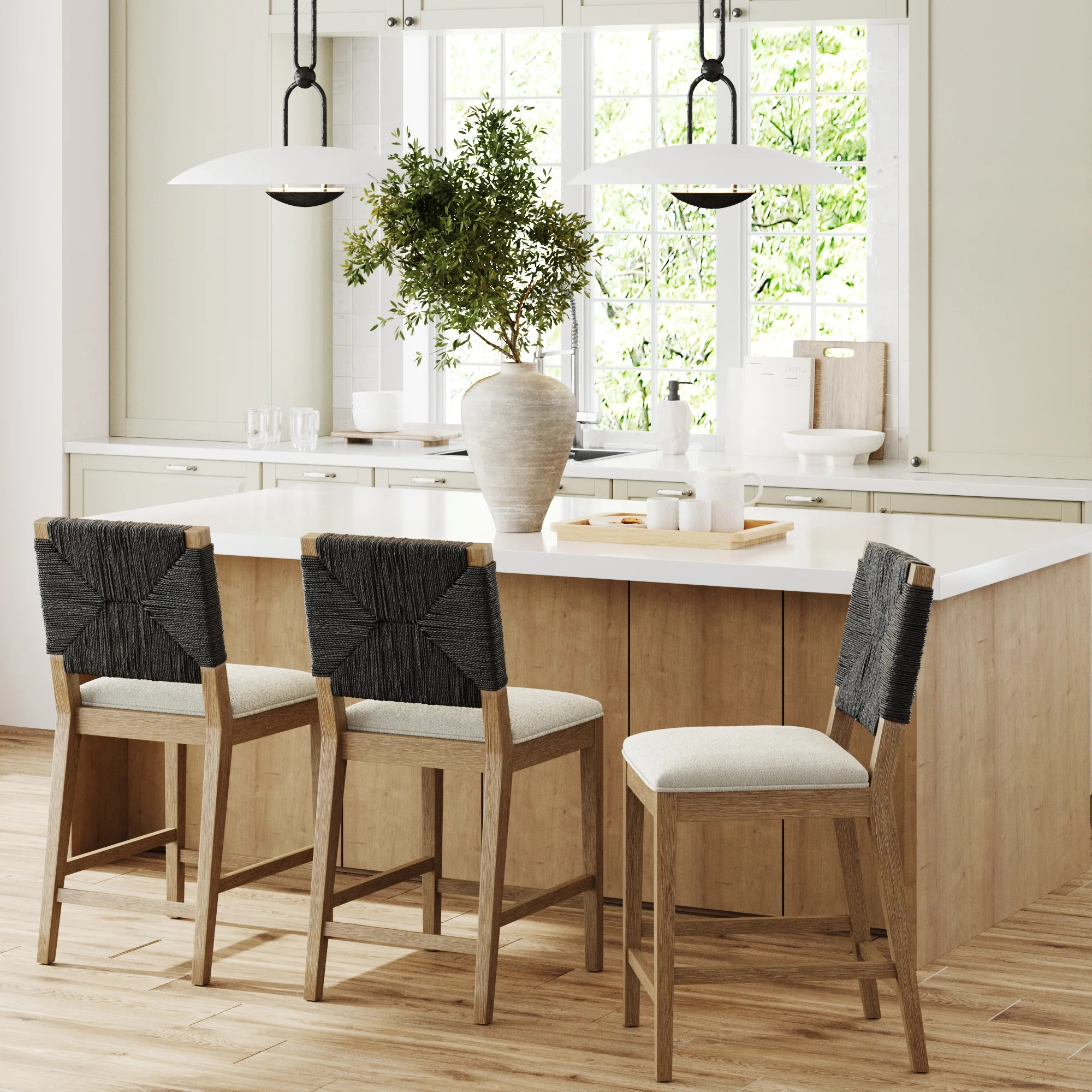 Boucle & Seagrass Counter Height Bar Stools Black (Set of 3) | Nathan James