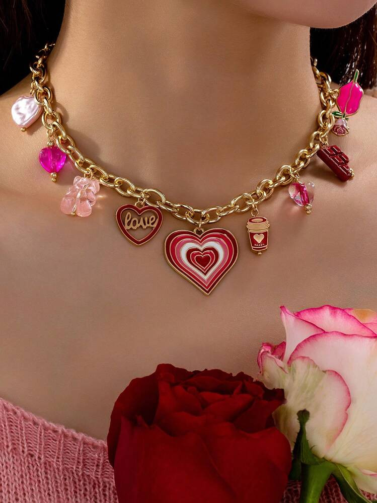 1pc Handmade Romantic Enameled Heart Charm Necklace, Random Shape And Color, Valentine's Day Fun ... | SHEIN