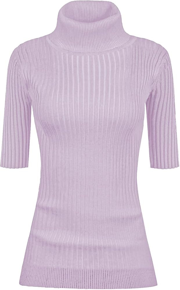 v28 Women Turtleneck 1/2 Half Sleeve Highly Stretchy Ribbed Knit Fitted Sweater | Amazon (US)