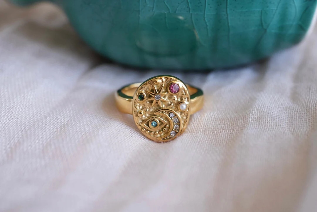 Star Moon Eye Ring . Gold Statement Multi-stone Ring . Pearl Ring . Celestial Ring . Stainless St... | Etsy (US)