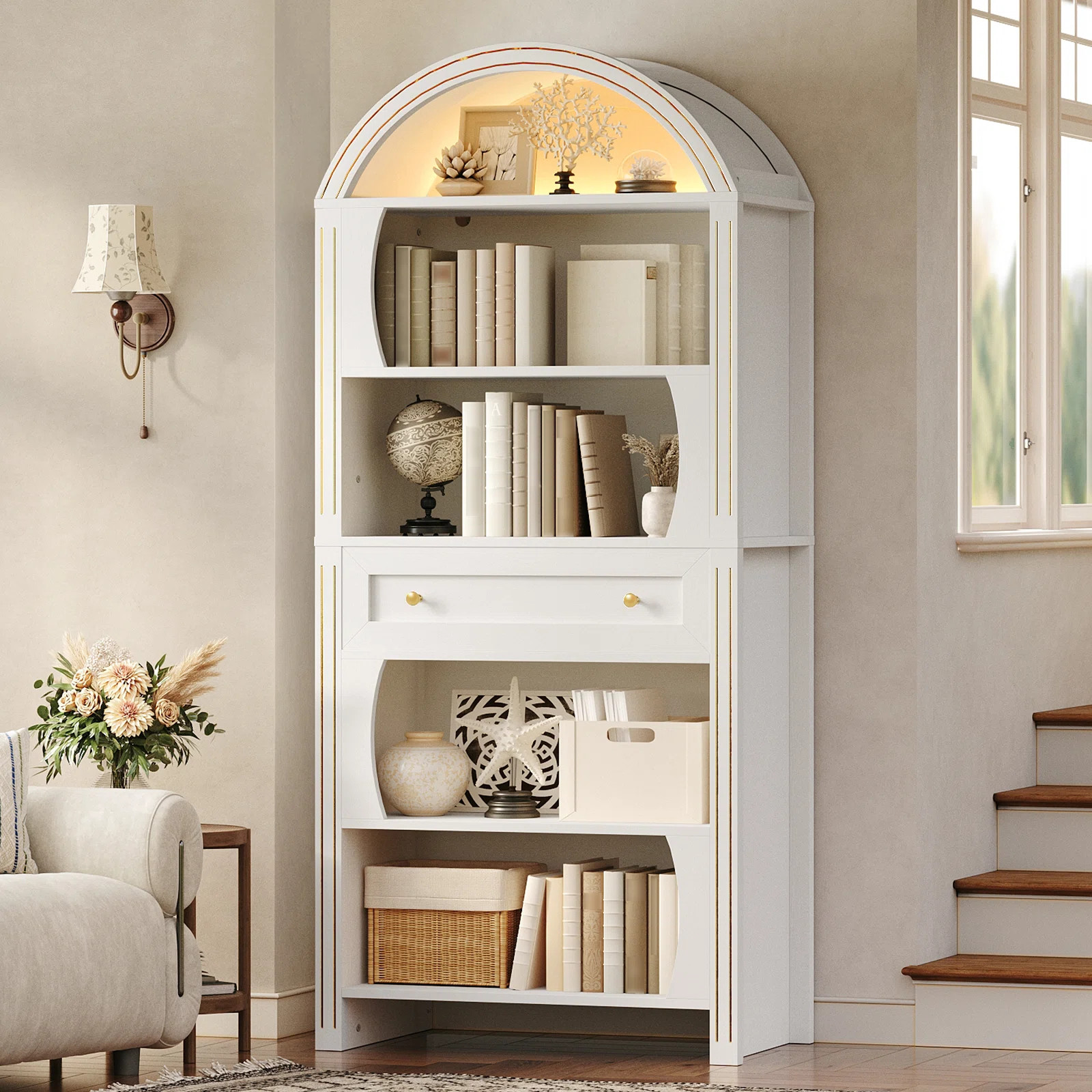 70.3" Tall Arched Bookcase, 6-tier Book Shelf With Led Lights, Farmhouse Arched Bookshef With Open Shelves and Drawer, Large Wood Storage Bookcase | Wayfair North America
