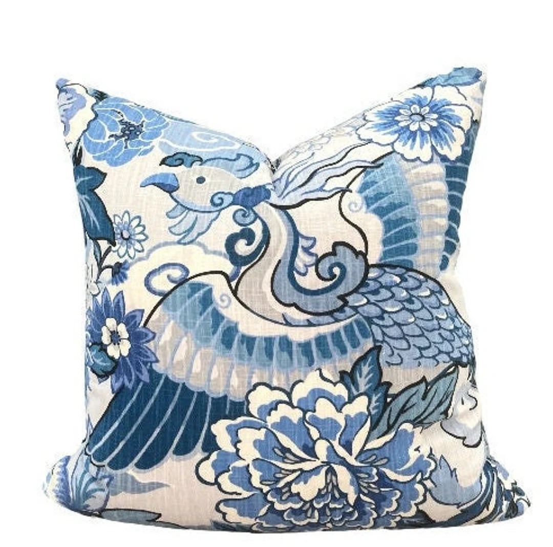 Blue White Lushan Pillow Cover // Blue White Phoenix Chinoiserie Decorative Pillow Cover 20x20 22... | Etsy (US)