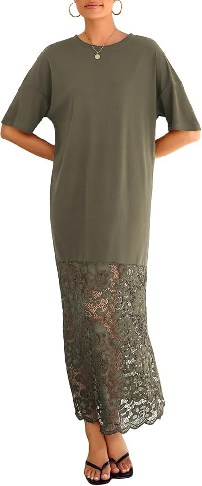 LOLONG Womens Short Sleeve Lace Patchwork Maxi Dress Summer 2026 Crew Neck Casual Long Dresses | Amazon (US)