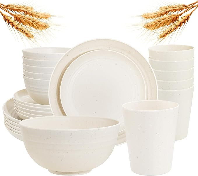 Rubtlamp 24 Pcs Wheat Straw Dinnerware Sets, Unbreakable Reusable Plastic Wheat Straw Bowls & Pla... | Amazon (US)