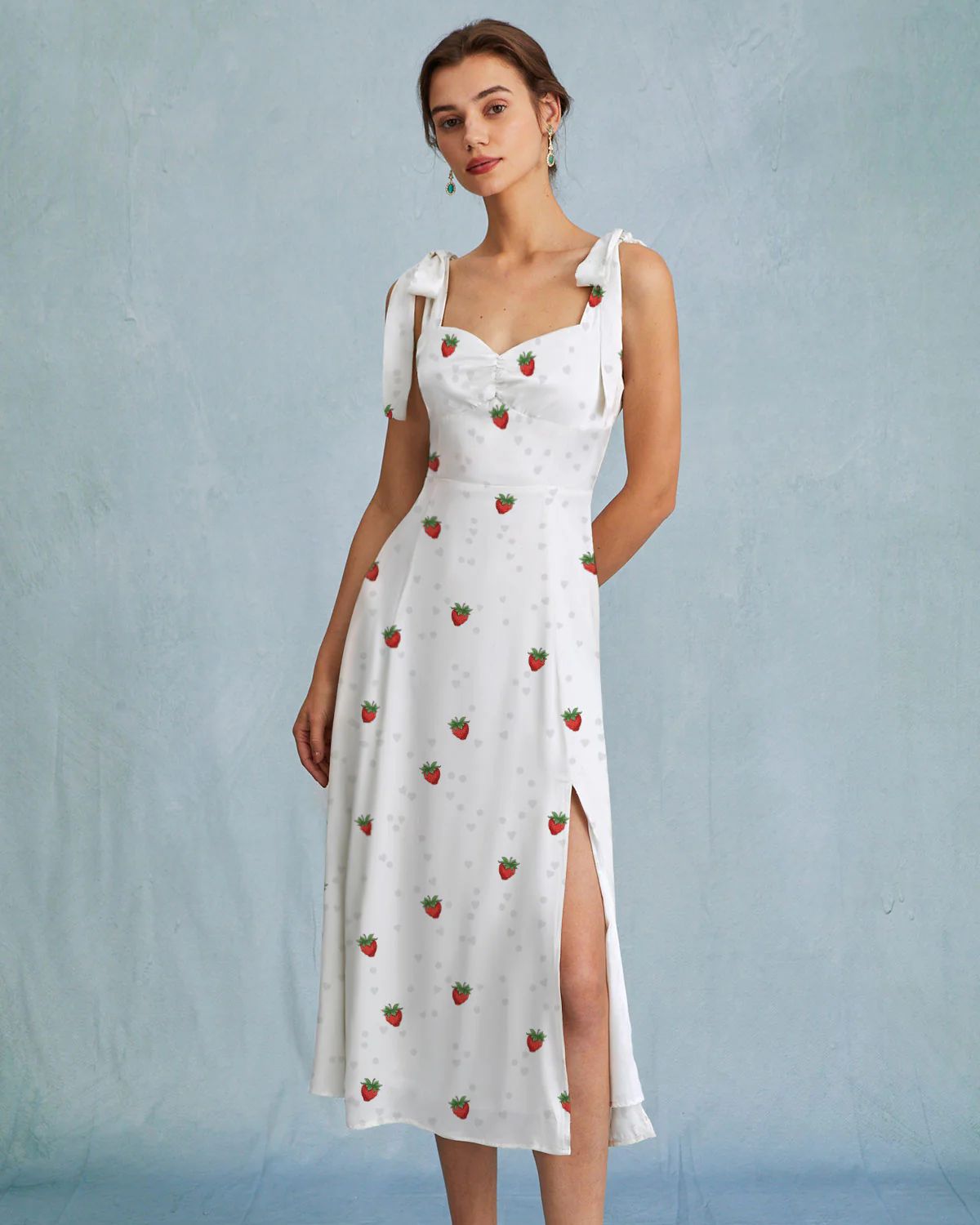 The White Strawberry Tie Strap Slit Midi Dress & Reviews - White - Dresses | RIHOAS | rihoas.com