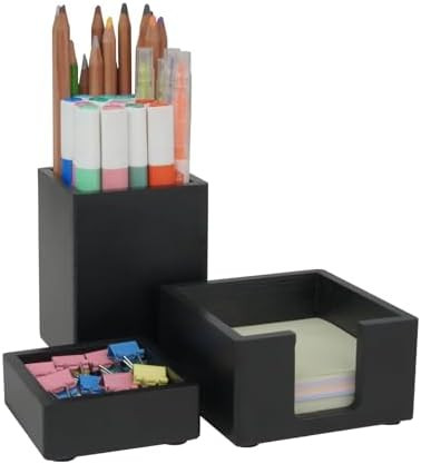 RAWILL 3 PCS Black Wooden Desk Organizer Set Pine Wood Office Desk Accessories with Pen Holder, P... | Amazon (US)