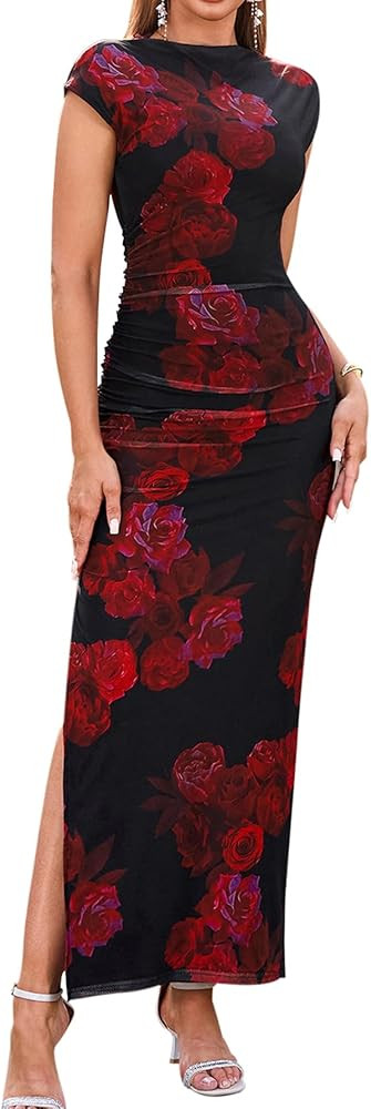 HTZMO Women Summer Floral Bodycon Maxi Dress Ruched Cap Sleeve Wedding Guest Formal Party Elegant... | Amazon (US)