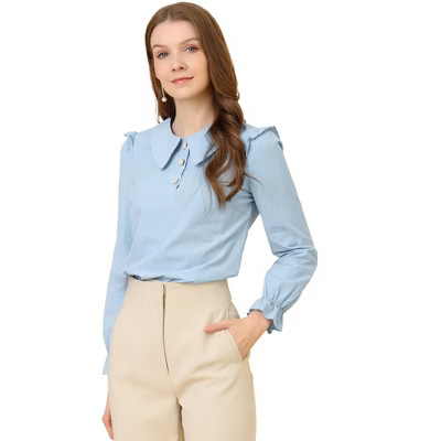 Allegra K Women's Peter Pan Collar Shirt Puff Long Sleeve Button Blouse Top Blue Medium | Target