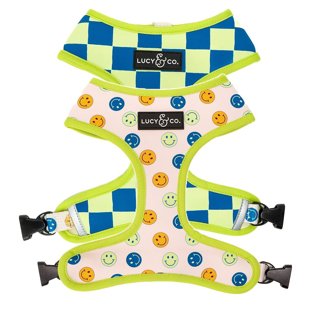Lucy & Co. Lime Green with Blue Checker Smiley Faces, Cute Reversible Dog Harness Walking Halter ... | Amazon (US)