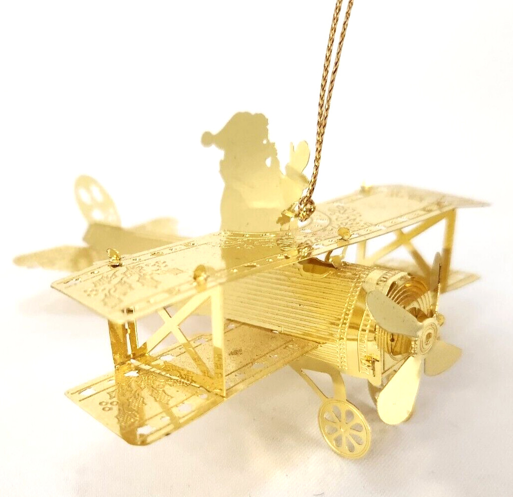 Vintage 3D Metal Santa Airplane Laser Cut Out Gold-Tone Filigree Ornament 3.5" | eBay US