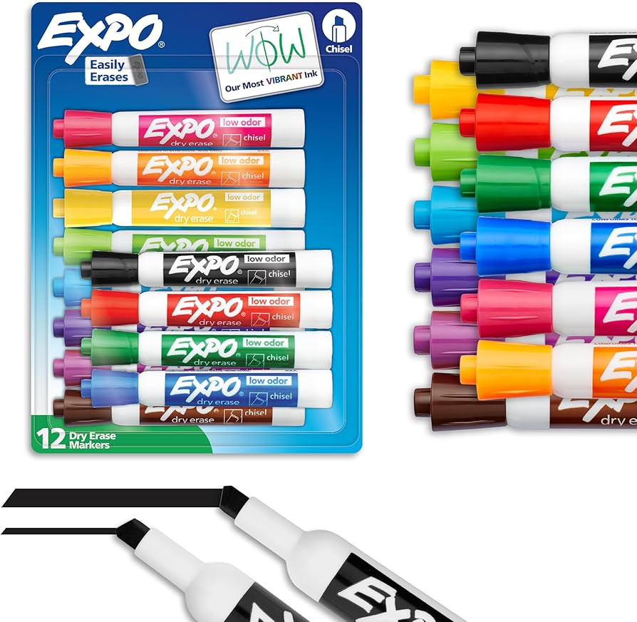 EXPO Dry Erase Markers, Low Odor Ink, Assorted Colors, Chisel Tip, 12 Count | Amazon (US)