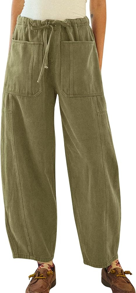 InterNos Women's Trendy Barrel Pants Wide Leg Mid Waisted Trousers Adjustable Drawstring Baggy Pa... | Amazon (US)