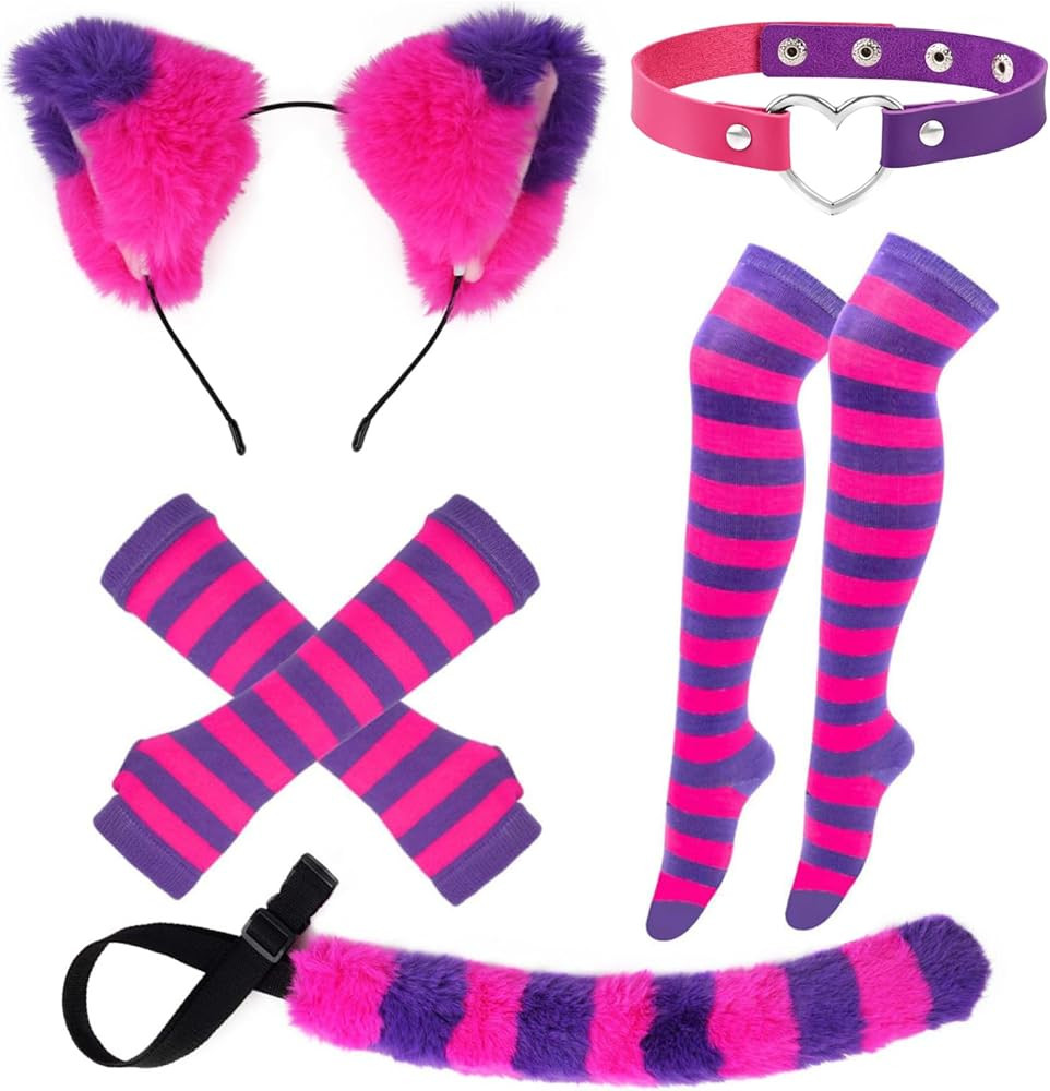Pink and Purple Striped Cat Costume for Girls Women Halloween Cosplay Accessories, Cat Ears, Furr... | Amazon (US)