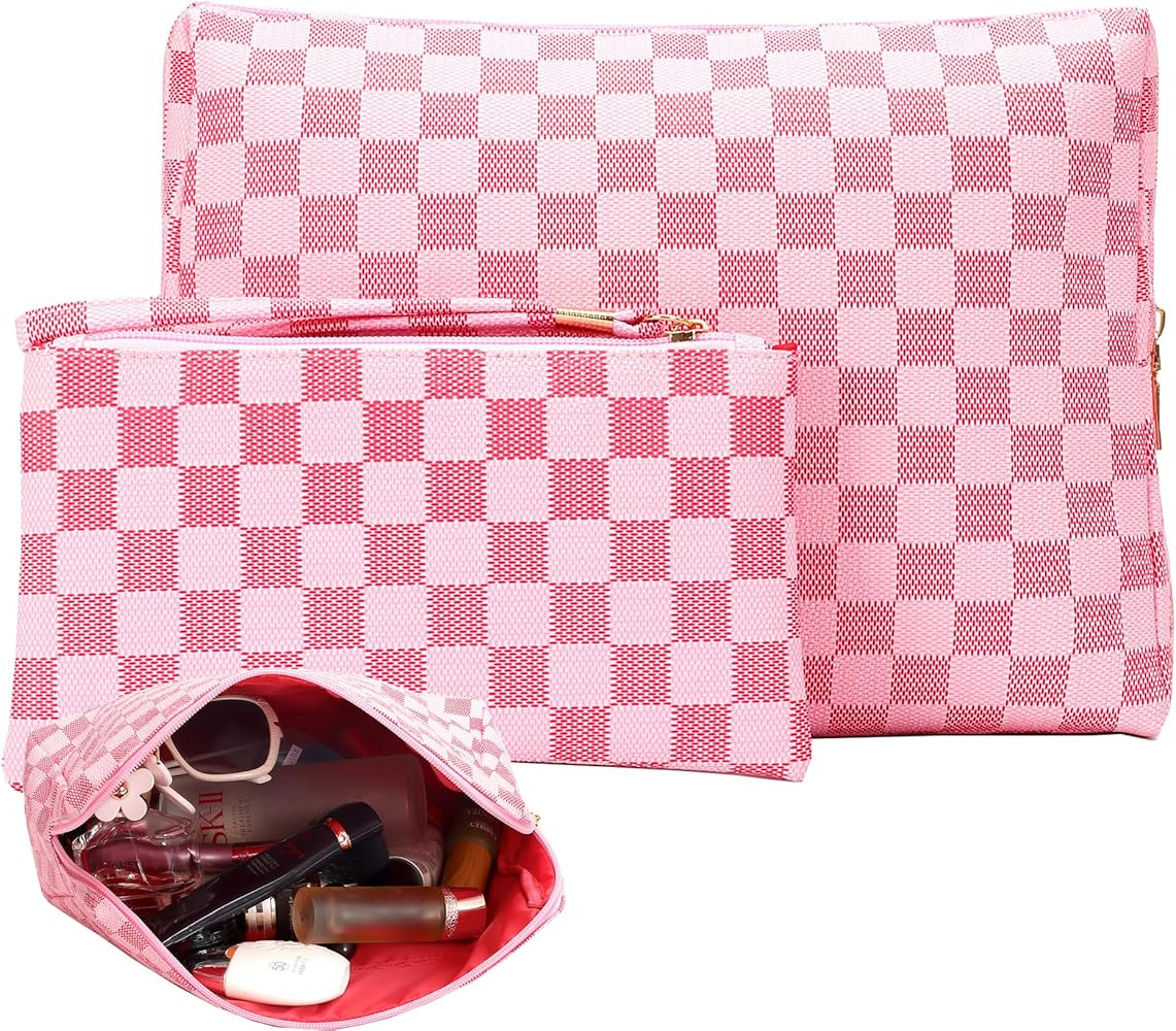 BAGCRAZY Pink Makeup Bag,2Pcs Cosmetic Travel Bag, Portable Designer Makeup Bag, Lightweight and ... | Amazon (US)