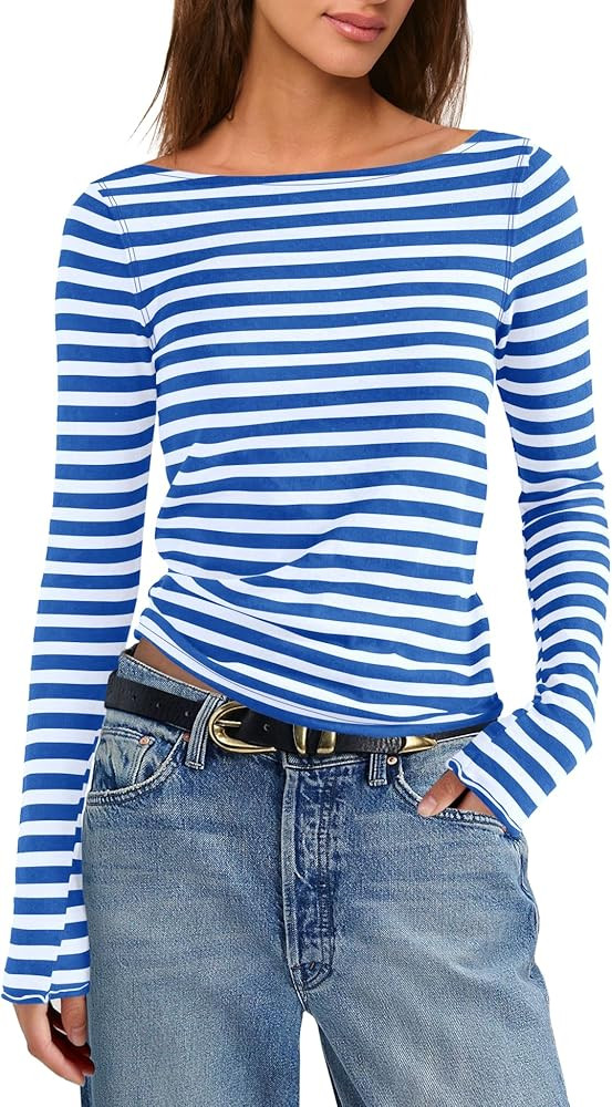 Yanekop Womens Striped Long Sleeve Shirt Fitted Basic Tops Boat Neck Layering Shirts Spring Tees ... | Amazon (US)
