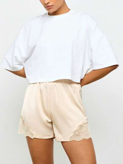 AiiRZ Shorts de cetim com acabamento em renda delicada, moda resort, estilo pijama, feminino, com... | SHEIN
