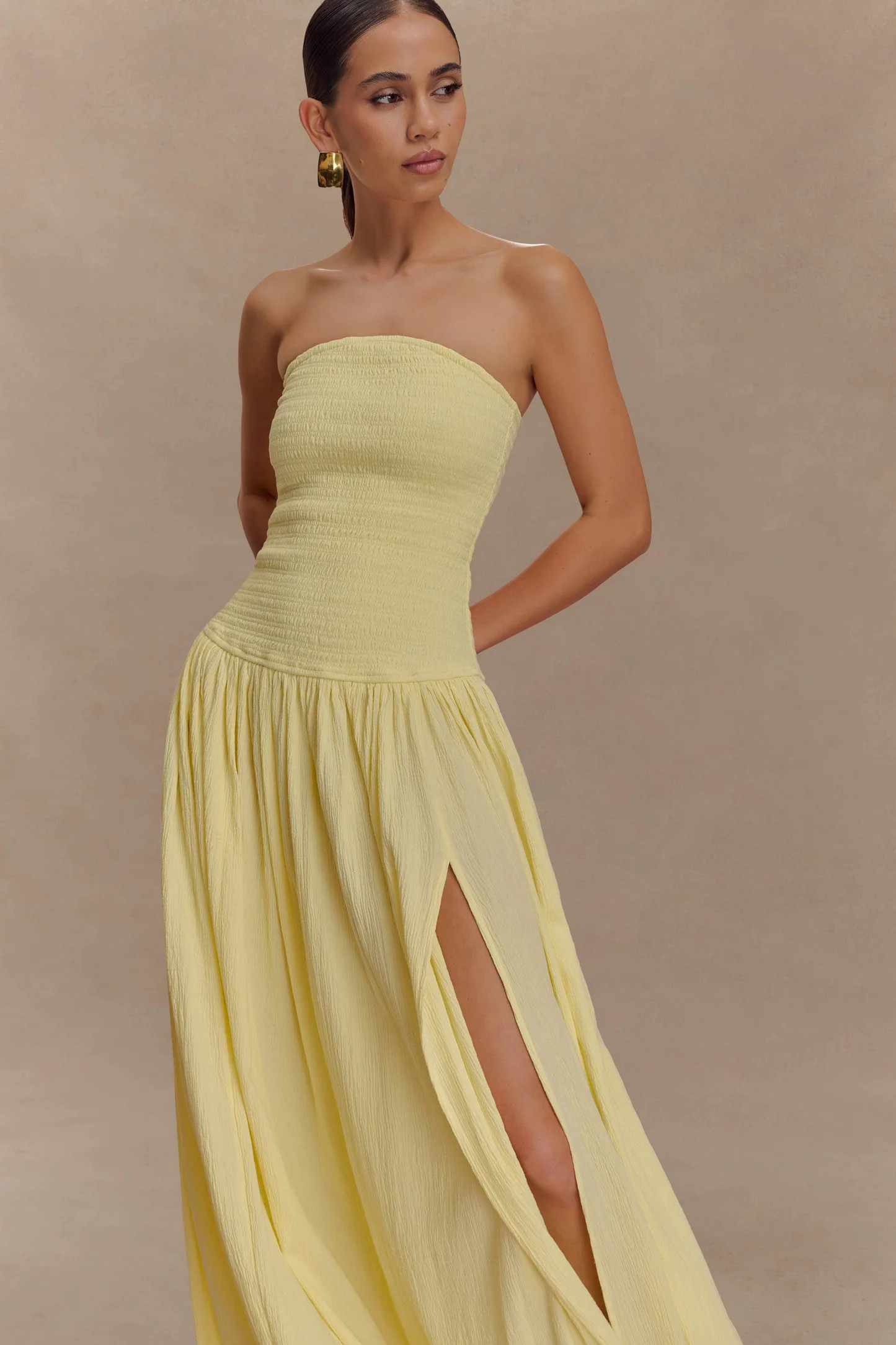 Maureen Cotton Shirring Maxi Dress - Lemon | Meshki UK