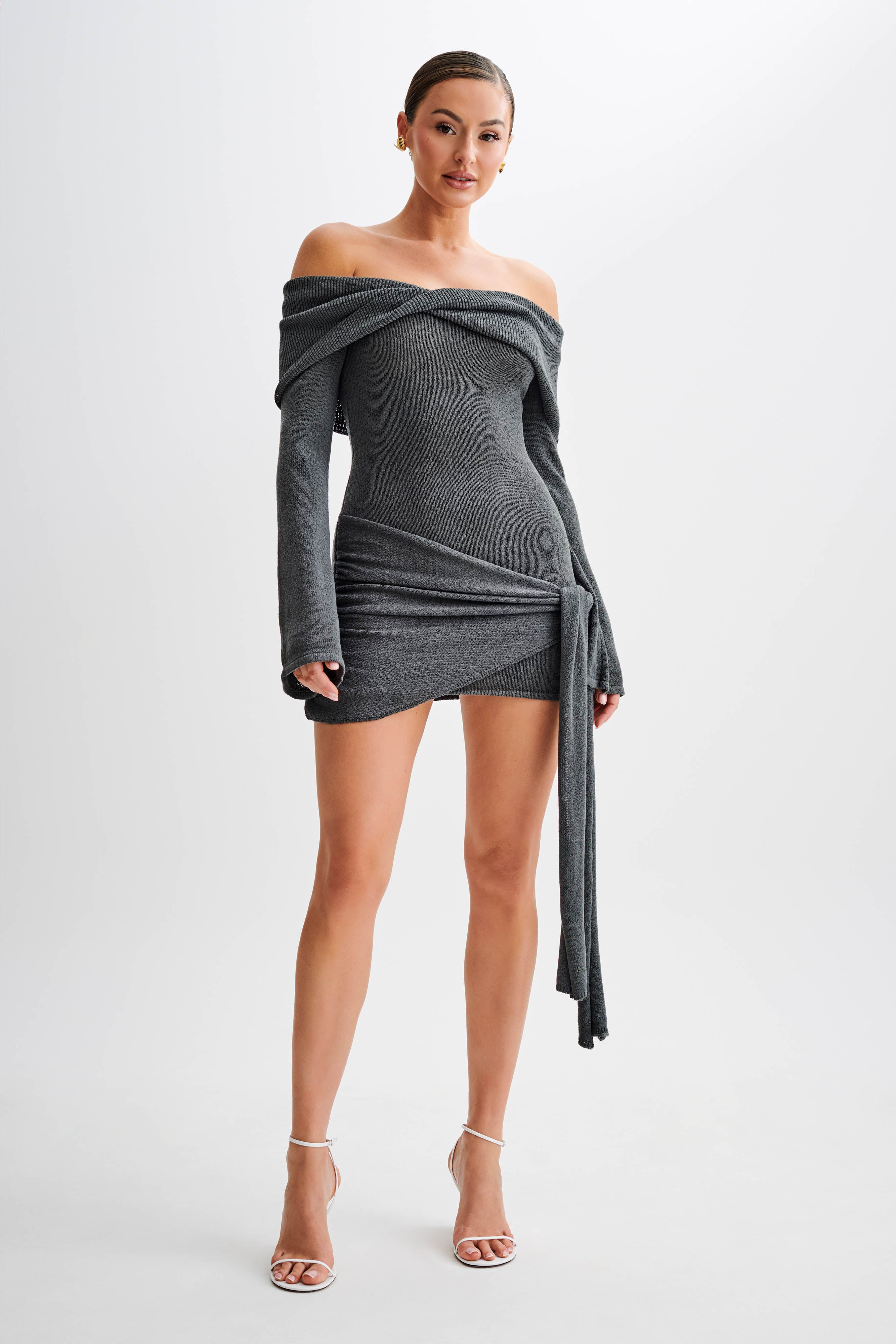 Off Shoulder Tie Knit Mini Dress - Charcoal | MESHKI US
