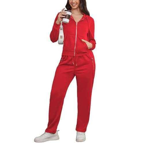 HBQ Women 2 Piece Outfits Sweatsuit Zip Up Hoodie Jacket Jogger SweatPants Lounge Matching Sweat Set-S-Red | Amazon (US)