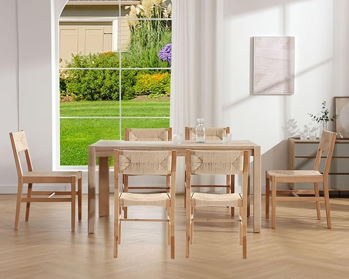 Mid Century Modern Rattan Dining Chairs Set of 6, Natural Beechwood Kitchen Chairs Farmhouse Wove... | Amazon (US)