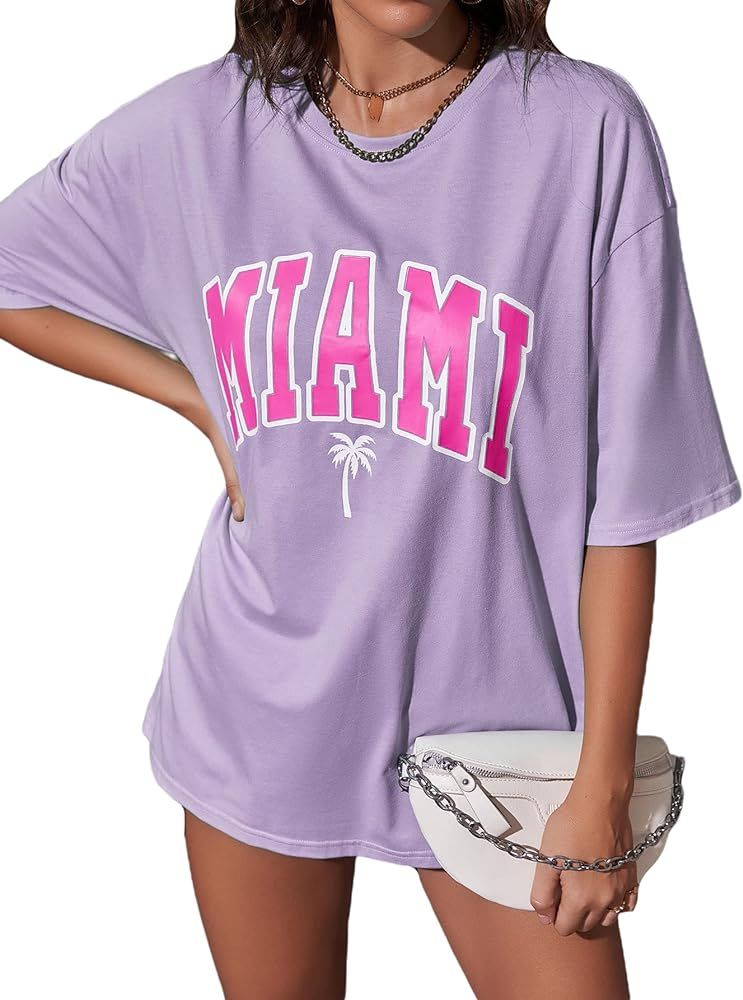 Verdusa Women's Loose Drop Shoulder Tree Miami Letter Graphic Oversized Longline Tee Shirt Tops | Amazon (US)