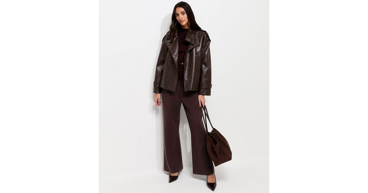 Women's Dark Burgundy Compact Knit Wide Leg Trousers New Look | New Look (UK)