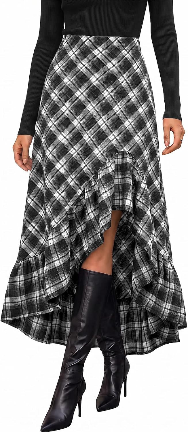 Wenrine Womens Maxi Skirt Ruffle Asymmetrical Split Retro Plaid Skirts | Amazon (US)