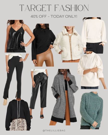 40% off women’s clothing at Target today only!! Sweaters. Pants. Faux leather. Coatigan sweater. Sherpa. Sequin tank. Cropped hoodie. Winter style. Gifts for her  

#LTKunder50 #LTKsalealert #LTKGiftGuide