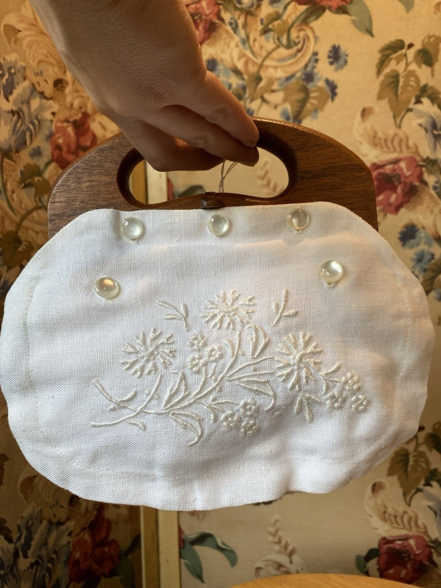 Vtg MCM White Embroidered Linen Bermuda Bag Wooden Handle Purse Retro Cottage | eBay US