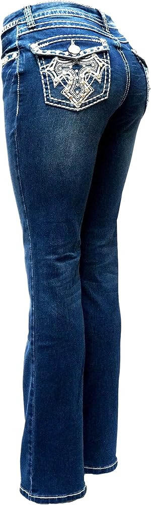 Jack David H&Y U-Cute Rose 2 Rhinestone Studded Denim Bootcut Flap Pocket Jeans | Amazon (US)