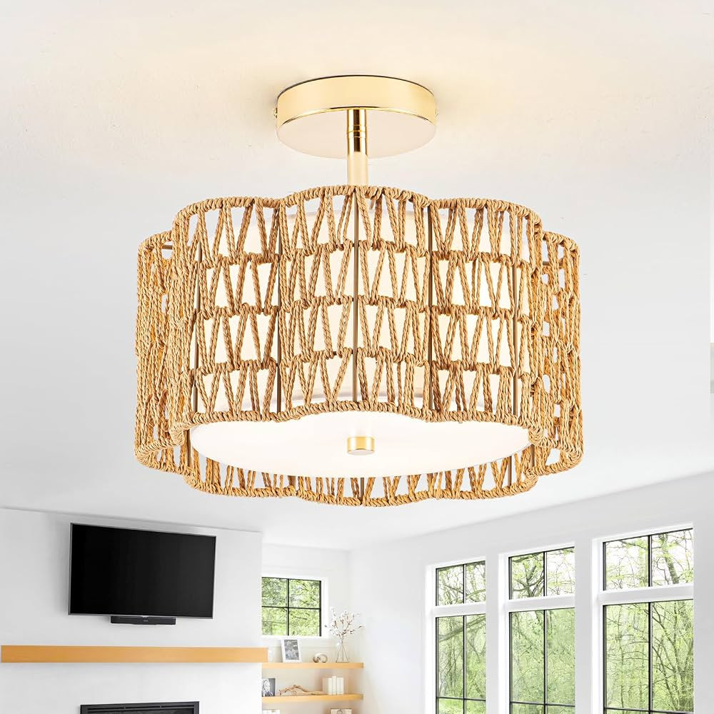 Bedroom Light Fixture Boho Light Fixture - 3-Light Gold Light Fixture Rattan Light Fixture for Ha... | Amazon (US)