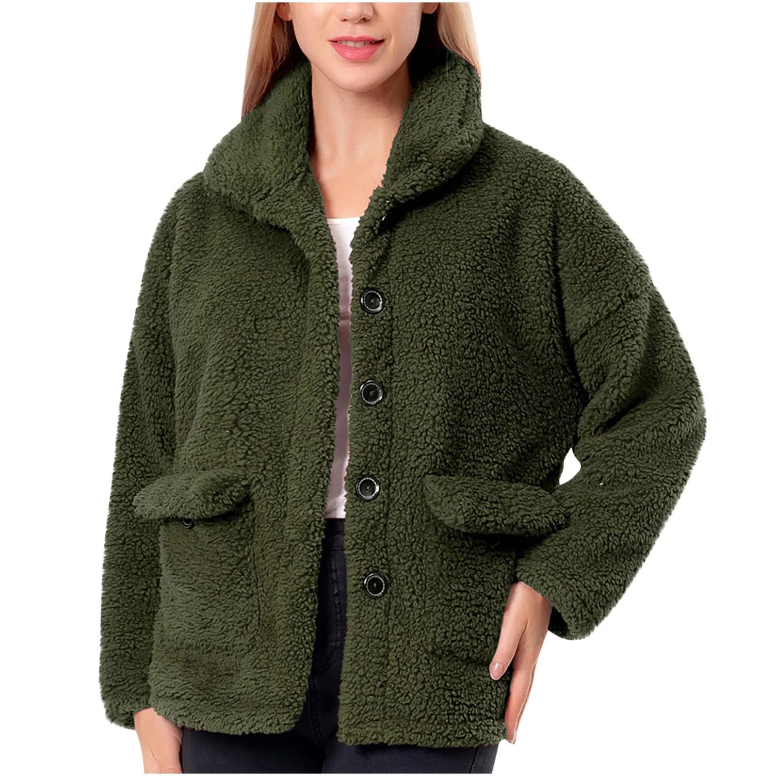 Patlollav Womens Winter Button Warm Retro Double Sided Plush Coat Long Sleeve Hatless Casual Coat... | Walmart (US)