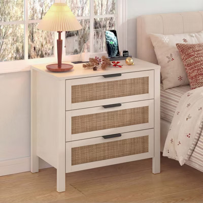 Hommpa Boho Rattan Nightstand with Charging Station, 3-Drawer Bedside Table with USB & AC Outlets | Target
