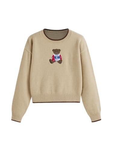 CIDER Womens Sweaters Fall Long Sleeve Bear Graphic Crewneck Sweater Soft Knit Casual Cropped Pullover Cute Fall Outfits 2024: Khaki, XXS | Amazon (US)
