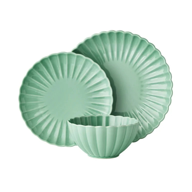 The Pioneer Woman Colette Scallop Green 12-Piece Stoneware Dinnerware Set | Walmart (US)
