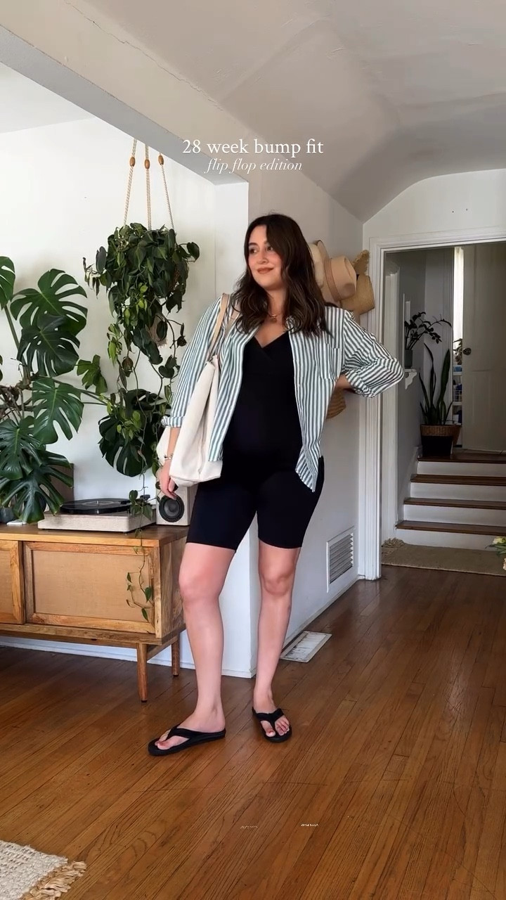 we’ve officially hit 3rd trimester! fits these days need to be comfy, cute, and supportive 😅  this one checks all those boxes - a nice stretchy romper, green striped button-up, oversized tote, and black flip flops 🖤 ad 

#LTKBump #LTKStyleTip #LTKSummerEdit