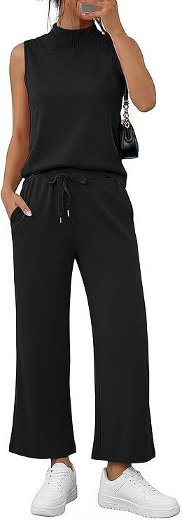 Casly Lamiit Women's Summer 2 Piece Outfits Mock Neck Tank Top Cropped Wide Leg Pants Lounge Sets... | Amazon (US)