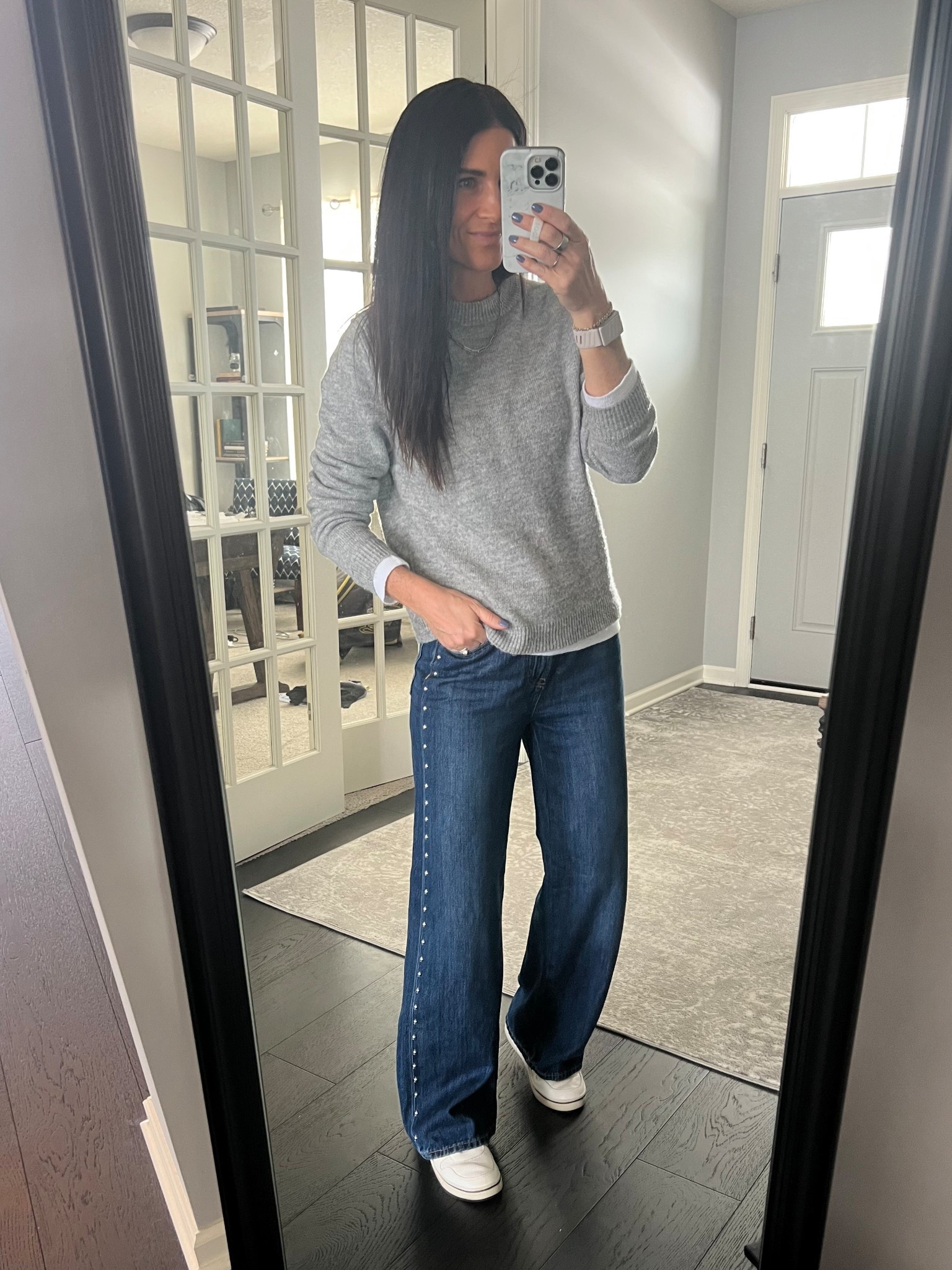 I love it when a pair of jeans has a detail that makes them unique. These have silver studs down the side - they’re so fun! Also a very soft denim and the perfect wide leg fit. True to size and on sale! 

#LTKSaleAlert #LTKOver40 #LTKootd