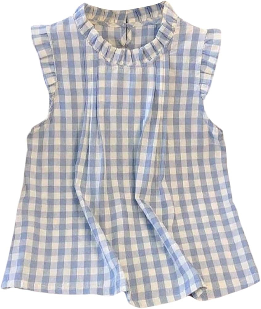GORGLITTER Women's Gingham Peplum Blouse Cute Ruffle Plaid Sleeveless Frilled Collared Tank Top S... | Amazon (US)