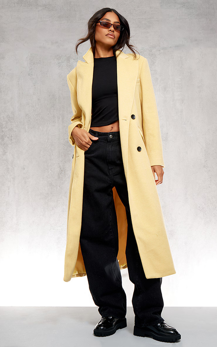 Butter Yellow Shoulder Padded Double Breasted Brushed Faux Wool Coat | PrettyLittleThing UK