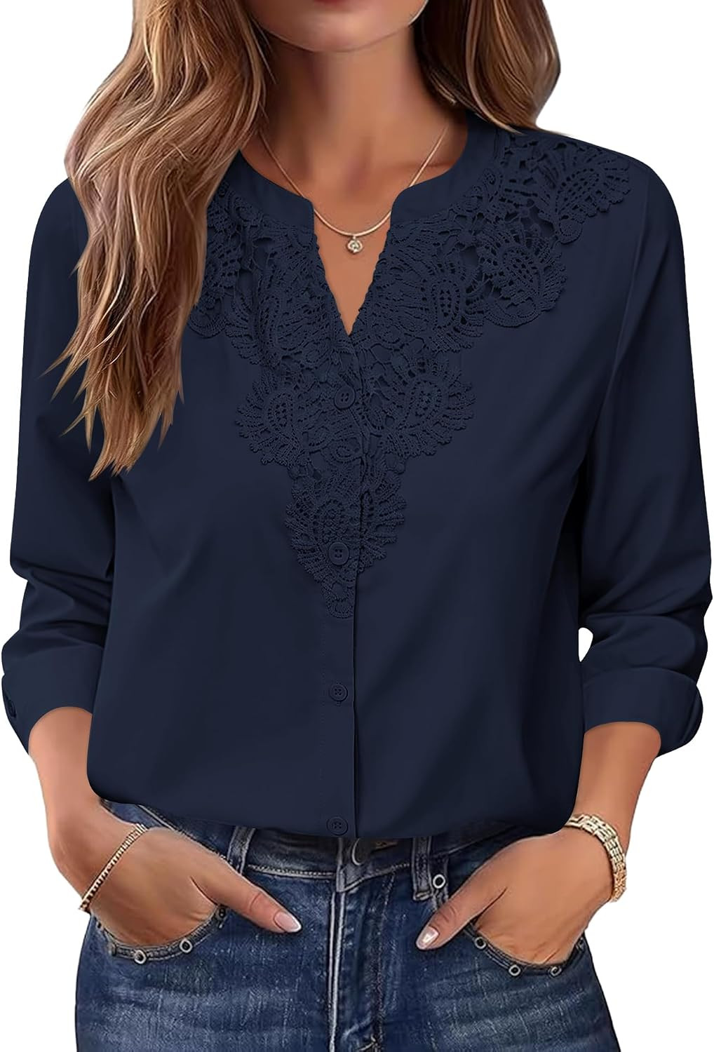 LOMON Womens Long Sleeve Shirts Lace Trim V Neck Button Down Blouse Dressy | Amazon (US)