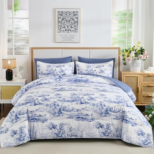 WONGS BEDDING Blue Queen Comforter Set, 7 Pieces Bed in a Bag French Toile Comforter with Sheets, Soft Lightweight Microfiber Botanical Complete Queen Size Bedding Set for All Season | Amazon (US)