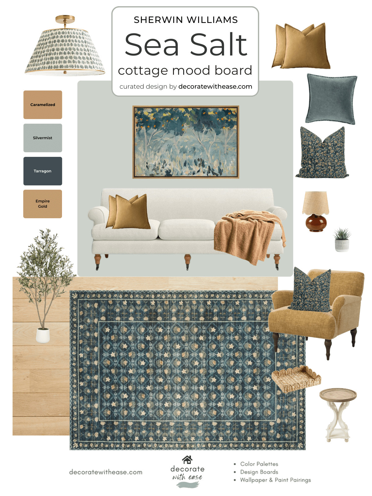 Sea Salt paint color coordinates with many colors including warm gold, dark teal, and caramel. This living room mood board has a coordinating area rug, wall art, throw pillows, accent chair, lamps, and more.  

 #LTKHome #LTKSaleAlert