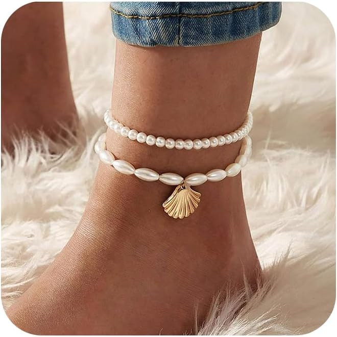 Boho Pearl Anklets for Women - 2Pcs Pearl Anklet Beaded Layered Ankles Bracelets Shell Pendant El... | Amazon (US)