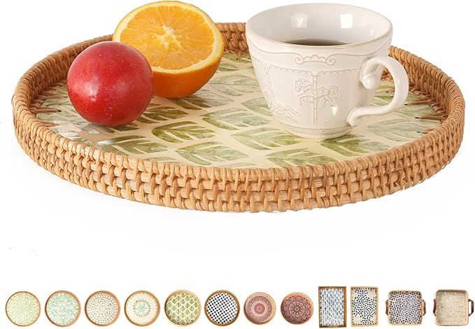 Tynulox Rattan Tray with Mother of Pearl Inlay, Display Wicker Basket for Decor, Round Serving Tr... | Amazon (US)