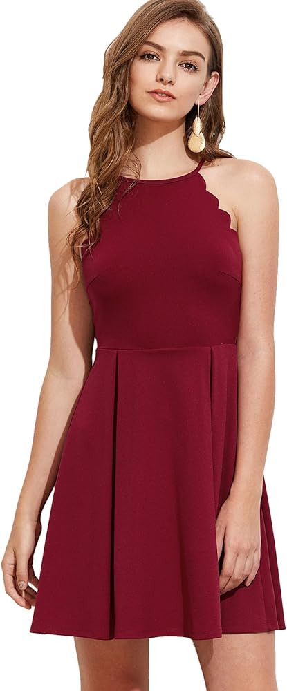 Romwe Women's Sweet Scallop Sleeveless Flared Swing Pleated A-line Skater Dress | Amazon (US)