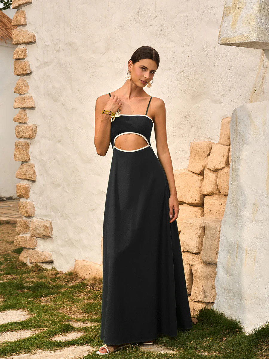 Cotton & Linen Cut-Out Dress With Back Bow | Commense