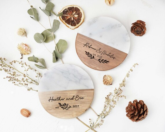 Custom Engraved Marble Wood Coasters | Round Marble Wooden Coaster Personalized | Housewarming Gi... | Etsy (US)