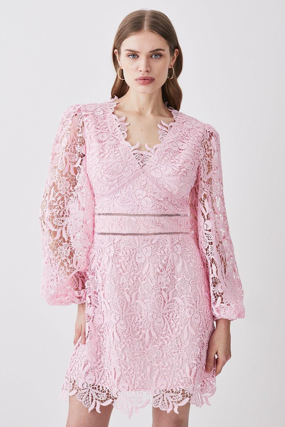 Guipure Lace V Neck Woven Mini Dress | Karen Millen US